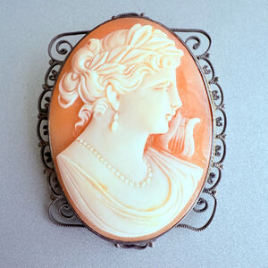 Antique Goddess Harp Shell Cameo 800 Silver Brooch Pendant Victorian Era